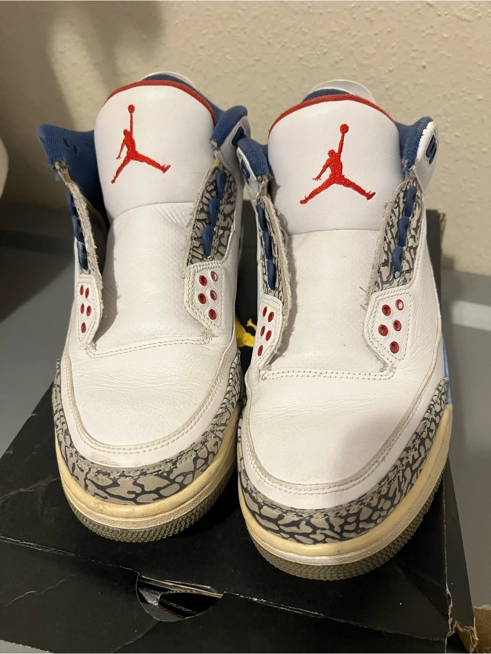 Nike White/Blue/Red Air Jordan 3 Men’s Sneakers with Elephant Print Accents